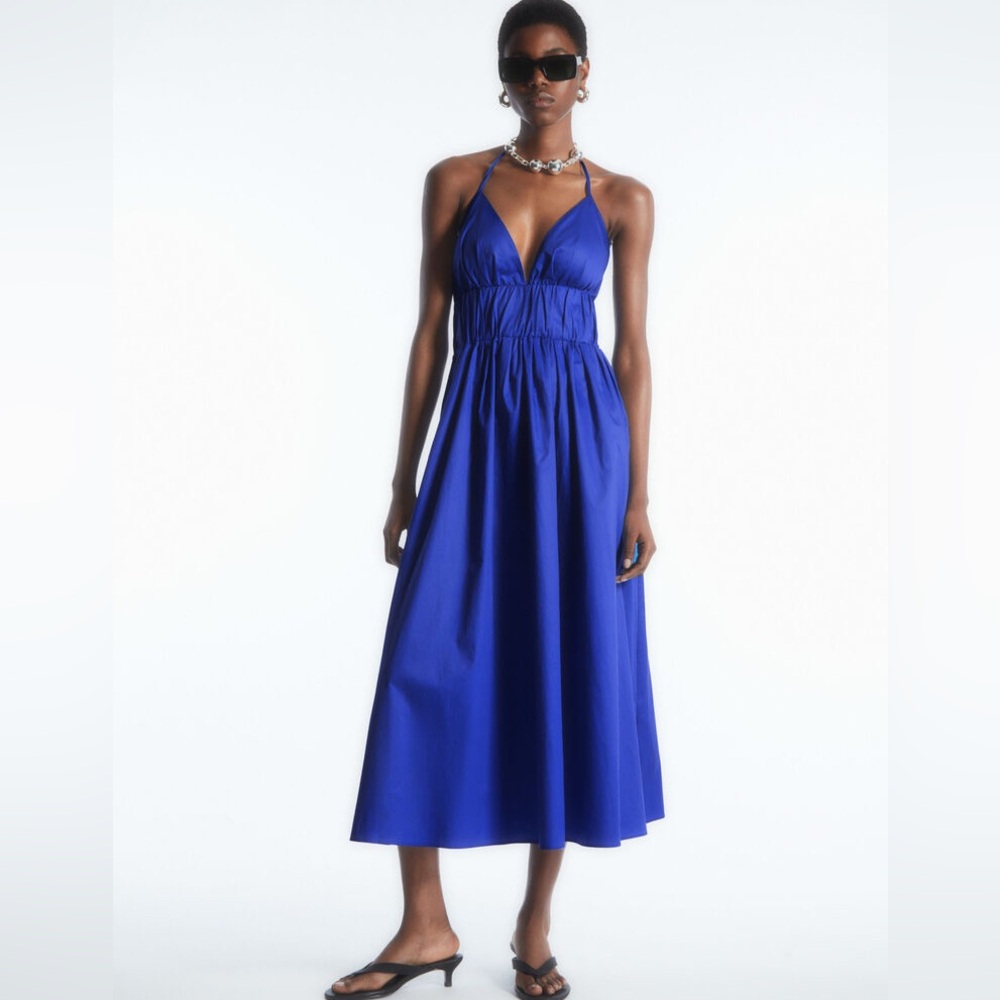 COS Gathered Halterneck Midi Dress in Bright Blue NEW